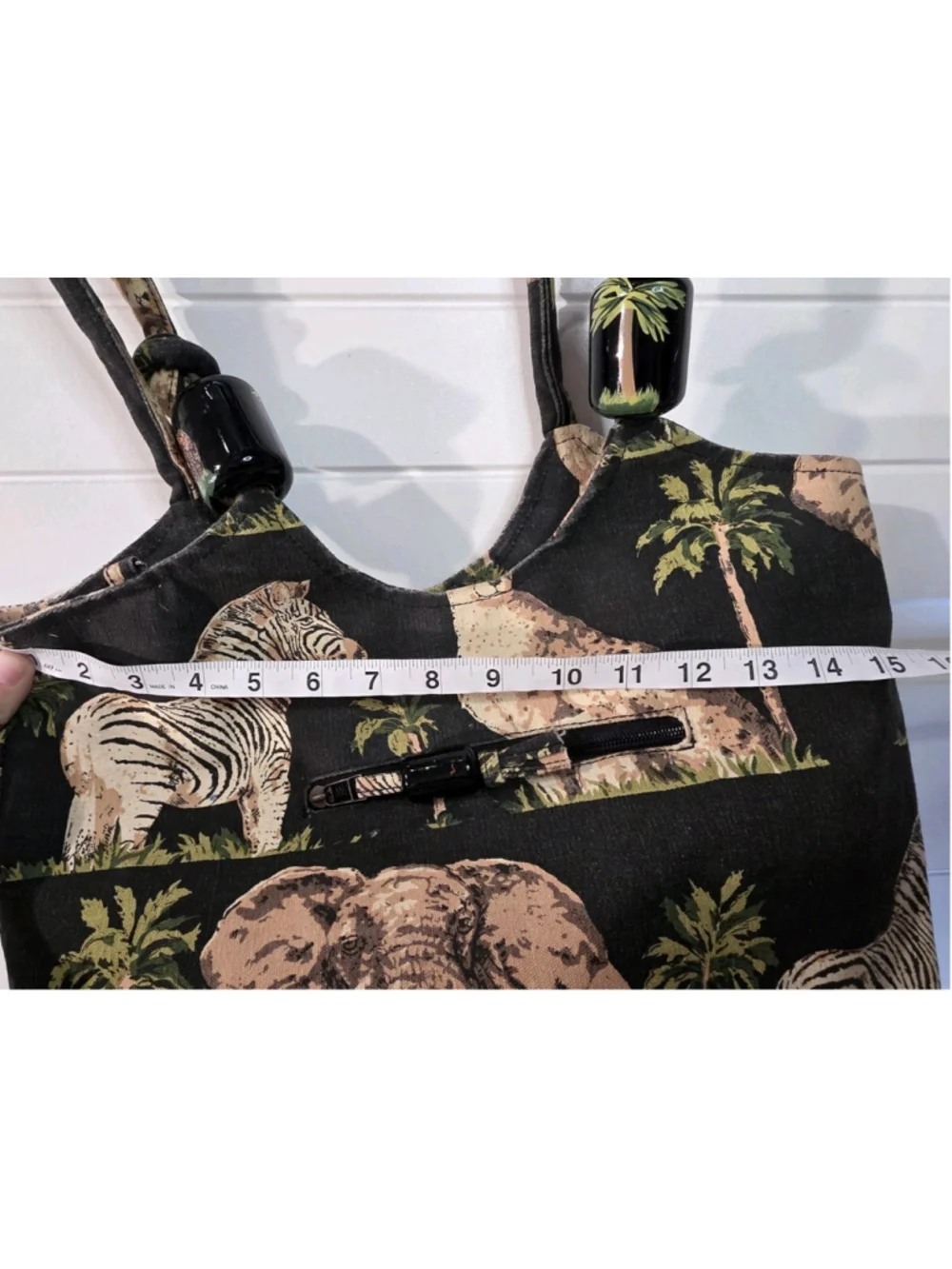 Safari Animal Print Cotton Tote Bag Elephant Zebra Palm Trees Zip Closure Pocket